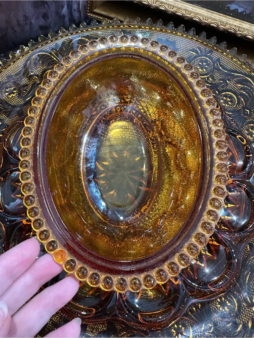 Amber Indiana Glass Hen On Nest w/ Amber glass Tiara pattern deviled egg  plate